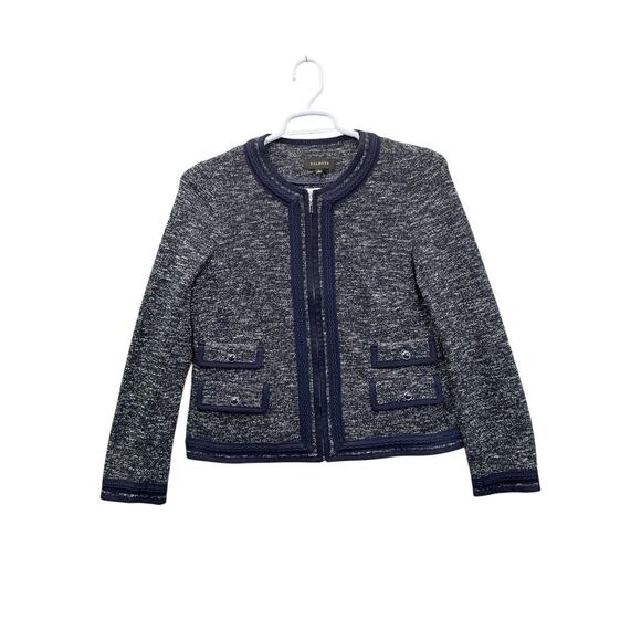 TALBOTS Black Tweed Knit Open Front Blazer Cardigan Jacket Womens Size 12 Navy - Picture 2 of 16